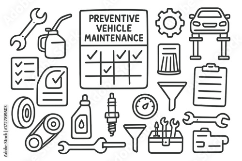 Vehicle Maintenance Doodles. Hand-drawn doodle illustration preventive vehicle maintenance calendar, wrench, oil can, checklist, tire, gauge, belt, fluid