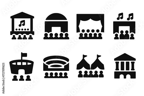 Concert Venue Icons. Solid, filled icon set of concert venues: open air stage, indoor arena, theater, club, stadium, amphitheater, festival ground, concert