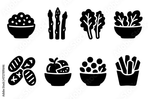 Healthy Side Dishes Icons. Solid, filled icon set of healthy side dishes: quinoa salad, roasted asparagus, kale chips, mixed greens, grilled zucchini, fruit