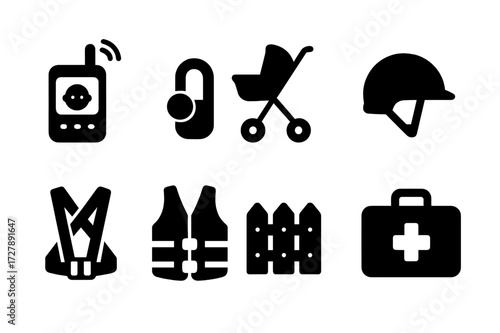 Child Safety Icons. Solid, filled icon set of child protection: baby monitor, child safety lock, stroller, helmet, safety harness, life jacket, playground