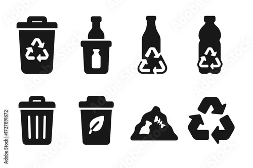 Recycling Icons Grid. Solid, filled icon set of bottle recycling and waste: recycle bin, bottle deposit, glass recycling, plastic recycling, trash can, compost