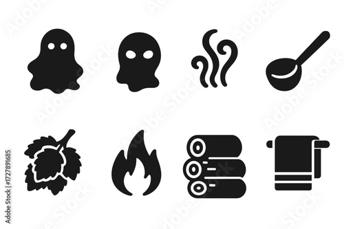 Bathhouse Spirit Icons. Solid, filled icon set of bathhouse spirit attributes: mist figure, glowing eyes, swirling steam, wooden ladle, birch leaves, flame,