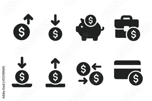 Budget Action Icons. Solid, filled icon set of budget actions: income, expense, savings, investment, withdrawal, deposit, transfer, payment. [Solid, filled