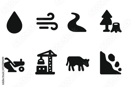 Soil Erosion Icons. Solid, filled icon set of soil erosion causes: rain drop, wind gust, water flow, deforestation, farming plow, construction site, grazing