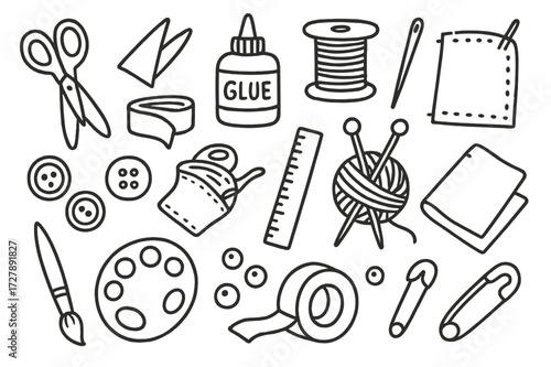 DIY Craft Tools. Hand-drawn doodle illustration DIY crafts scissors, glue, thread spool, needle, buttons, yarn ball, knitting needles, ruler, paper, fabric,