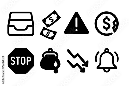 Cash Deficit Icons. Solid, filled icon set of cash deficit: empty money box, falling dollar bills, warning triangle, cracked coin, stop sign, leaking purse,