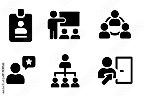 Human Resources Icons. Solid, filled icon set of human resources: employee badge, training, salary, teamwork, feedback, organizational chart, promotion, exit