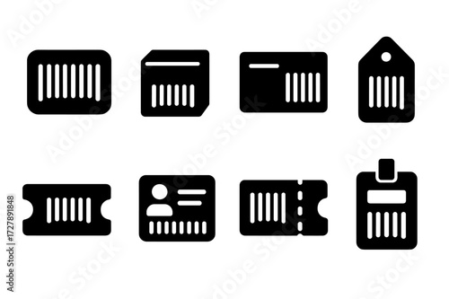 Barcode Icon Set. Solid, filled icon set of barcode usage: product label, inventory box, shipping label, price tag, ticket barcode, membership card, coupon