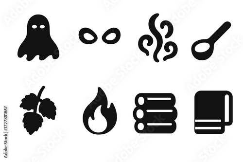 Bathhouse Spirit Icons. Solid, filled icon set of bathhouse spirit attributes: mist figure, glowing eyes, swirling steam, wooden ladle, birch leaves, flame,