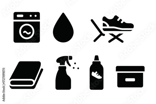 Sneaker Care Icons. Solid, filled icon set of sneaker care: washing machine, water drop, drying rack, brush, cloth, deodorizer, sneaker cleaner, storage box.