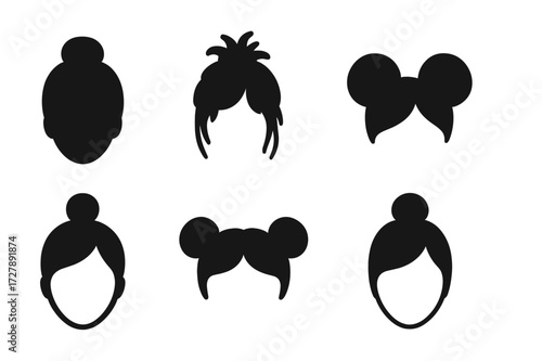 Bun Hairstyle Icons. Solid, filled icon set of bun hairstyles: classic bun, messy bun, braided bun, low bun, top knot, ballerina bun, double buns, twisted bun.