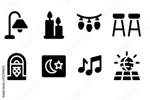 Happy Hour Icons. Solid, filled icon set of happy hour ambiance: dim lighting, candles, fairy lights, bar stools, jukebox, neon signs, music notes, dance