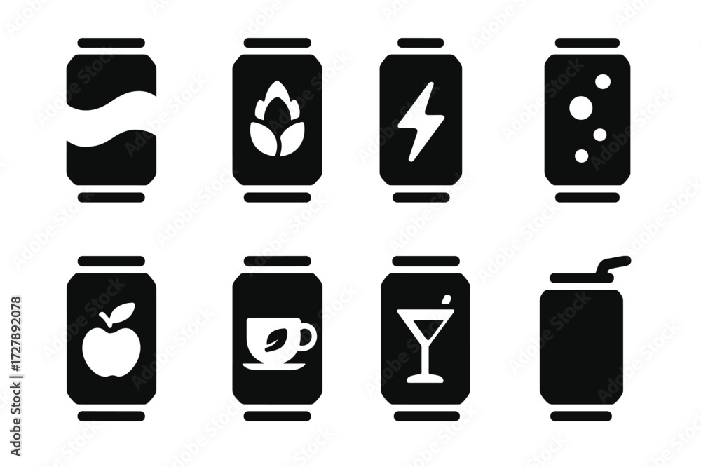Fototapeta premium Canned Beverage Icons. Solid, filled icon set of canned beverages: cola can, beer can, energy drink, sparkling water can, fruit juice can, iced tea can,