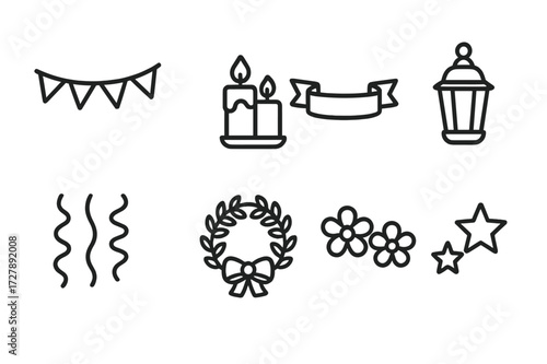 Festive Decorations Icons. Outline icon set of festive decorations: bunting flags, candles, ribbons, lanterns, streamers, wreath, flowers, stars. Line icons in