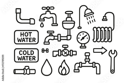 Plumbing Diagram Symbols. Hand-drawn doodle illustration Plumbing diagram symbols pipe, faucet, sink, shower, radiator, pump, pressure gauge, valve, arrow tag,