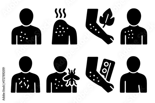 Rash Causes Icons. Solid, filled icon set of rash causes: allergy, heat rash, poison ivy, infection, eczema, insect bite, medication reaction, dermatitis.