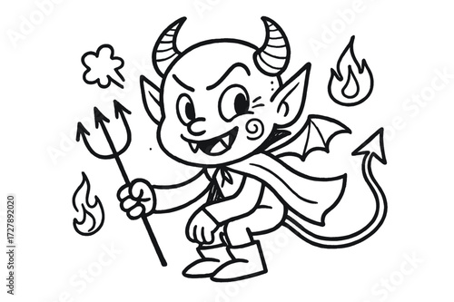 Playful Little Devil. Hand-drawn doodle illustration Little Devil Character cartoon horns, smirk, tiny trident, fire spark, curled tail, mini wings, playful
