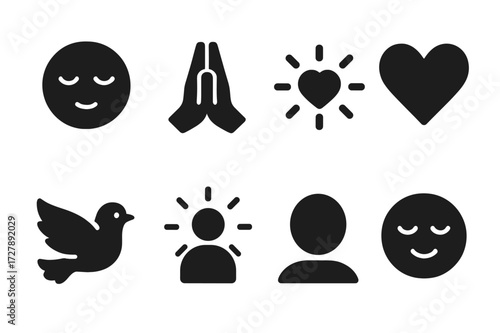 Spirit World Icon Set. Solid, filled icon set of spirit world emotions: calm face, closed eyes, praying hands, heart symbol, light rays, peaceful dove, glowing