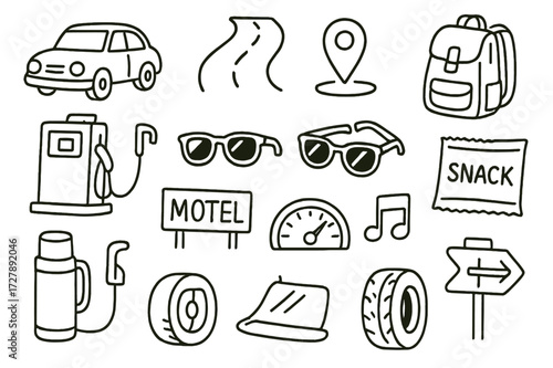 Road Trip Essentials. Hand-drawn doodle illustration Road Trip car, highway, map pin, backpack, sunglasses, road sign, snack pack, camera, gas pump, motel,