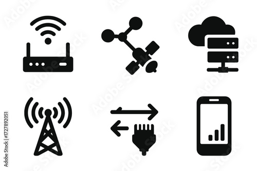 Network Icon Grid. Solid, filled icon set of communication networks: wifi router, network nodes, satellite, cloud server, signal tower, data transfer, ethernet
