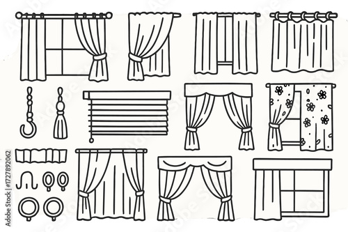 Curtain Styles Doodle. Hand-drawn doodle illustration Curtain styles window curtain, drapes, sheer fabric, tiebacks, curtain rod, tassel, blinds, valance,