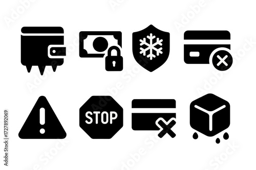 Financial Freeze Icons. Solid, filled icon set of financial freeze: frozen wallet, padlock on money, security shield, blocked credit card, alert triangle, stop