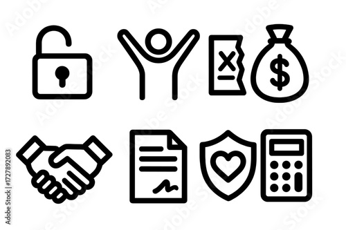Financial Freedom Icons. Solid, filled icon set of financial freedom: open lock, happy person, debt document torn, money bag, handshake, contract signed,