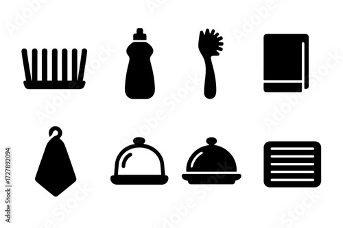 Dishware Icon Set. Solid, filled icon set of dishware accessories: dish rack, dish soap, dish brush, drying mat, dish towel, plate cover, serving dish lid,