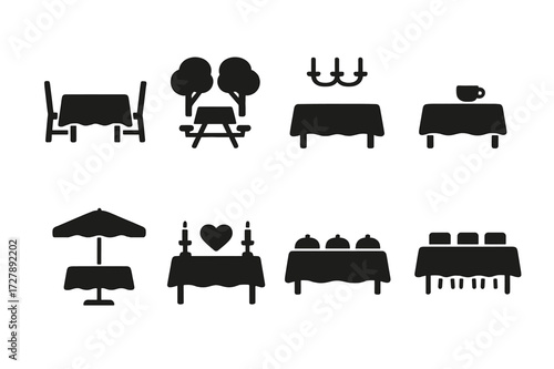 Tablecloth Icon Set. Solid, filled icon set of tablecloth uses: dining table, picnic, banquet, coffee table, outdoor patio, wedding table, buffet table,