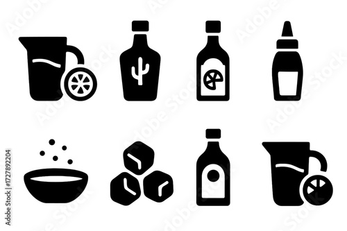 Margarita Ingredients Icons. Solid, filled icon set of margarita ingredients: lime juice, tequila, triple sec, simple syrup, salt, ice, orange liqueur, lemon
