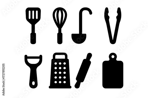 Kitchen Utensil Icons. Solid, filled icon set of kitchen utensils: spatula, whisk, ladle, tongs, peeler, grater, rolling pin, cutting board. [Line icons in