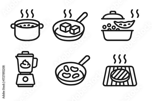 Vegetarian Protein Icon Set. Solid, filled icon set of vegetarian protein cooking methods: boiling lentils, frying tofu, steaming edamame, roasting chickpeas,