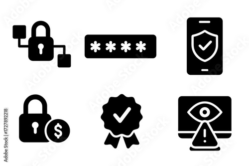 Secure Banking Icons. Solid, filled icon set of secure banking: encryption icon, password field, shield with check, mobile token, padlock with coin,
