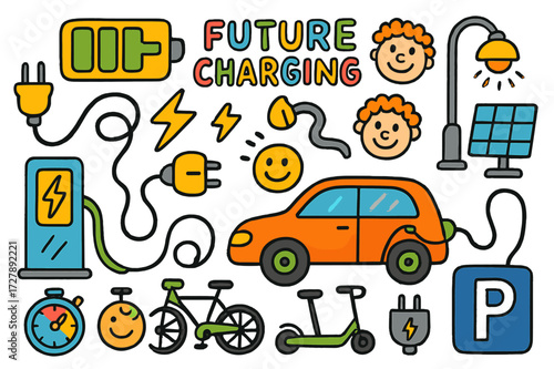 Electric Future Doodles. Future charging. Colorful Hand-drawn doodle Children illustration Electric car, charging pole, battery icon, plug, cable, lightning