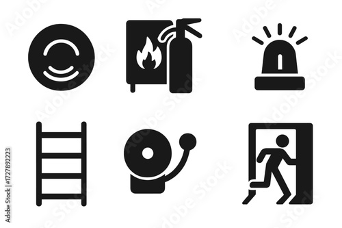 Fire Safety Icons. Solid, filled icon set of fire safety equipment: smoke alarm, fire blanket, fire extinguisher, emergency light, escape ladder, fire alarm