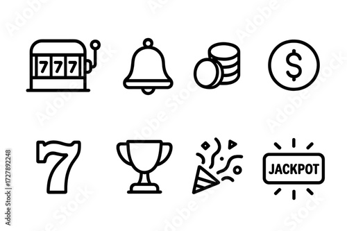 Jackpot Game Icons. Outline icon set of jackpot game: slot machine, jackpot bell, coins, dollar sign, lucky seven, trophy, confetti, jackpot text. Line icons