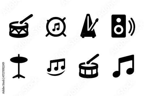 Black Musical Icons Grid. Solid, filled icon set of backbeat musical elements: groove, pocket, timing, dynamics, articulation, phrasing, fill, break. Solid,
