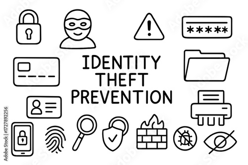 Identity Theft Protection Icons. Hand-drawn doodle illustration [identity theft prevention] [padlock, masked figure, alert symbol, credit card, ID card,