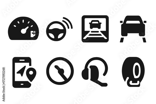 Driver Tech Icons. Solid, filled icon set of driver technology: dashboard display, cruise control, rear camera, lane assist, GPS app, speed limiter, Bluetooth
