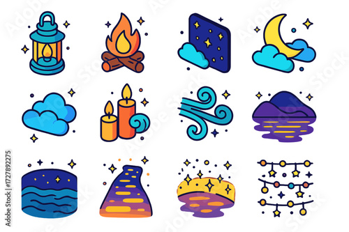Nighttime Isometric Icons. Nighttime ambiance. Colorful isometric vector icons set of Nighttime ambiance: glowing lanterns, campfire, starry sky, crescent