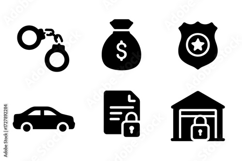 Seized Assets Icons. Solid, filled icon set of seized assets: handcuffs, confiscated money bag, locked safe, police badge, seized car, confiscated documents,