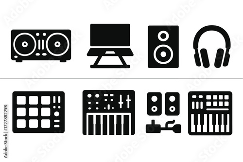 DJ Gear Icons. Solid, filled icon set of DJ gear setup: dual turntables, mixer deck, laptop stand, monitor speakers, headphone amplifier, controller pads, MIDI
