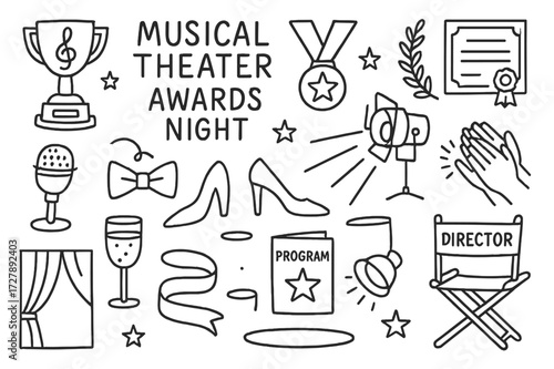 Musical Theater Icons. Hand-drawn doodle illustration Musical theater awards night [trophy, medal, certificate, star, laurel wreath, microphone, bow tie, high
