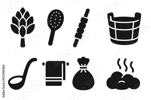 Wooden Wellness Tools. Solid, filled icon set of wooden wellness tools: birch whisk, sauna brush, massage stick, wooden bucket, ladle, towel, herbal pouch,