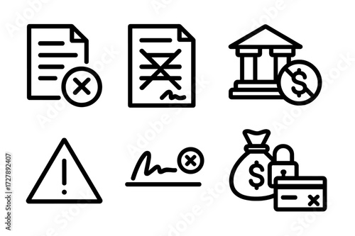 Loan Rejection Icons. Solid, filled icon set of loan refusal process: rejected document, crossed contract, blocked bank, denied cash flow, warning alert,