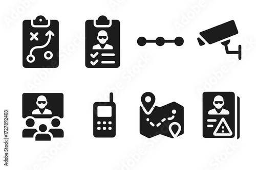 Bodyguard Planning Icons. Solid, filled icon set of bodyguard planning: strategy map, checklist, timeline, surveillance, briefing, radio communication, route
