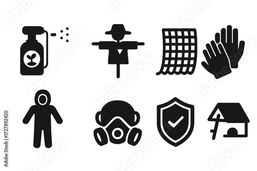 Crop Protection Icons. Solid, filled icon set of crop protection: pesticide spray, scarecrow, netting, gloves, protective suit, mask, shield, trap. [Line icons