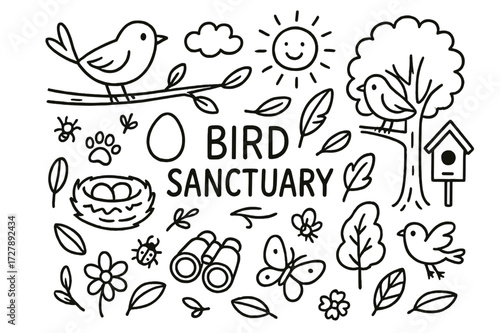 Bird Sanctuary Doodles. Hand-drawn doodle illustration Bird Sanctuary [bird, nest, egg, feather, tree, branch, cloud, sun, binoculars, birdhouse, butterfly,