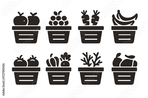 Fruit and Vegetable Icons. Solid, filled icon set of fruit and vegetable baskets: basket with apples, basket with grapes, basket with carrots, basket with