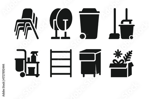 Banquet Cleanup Icons. Solid, filled icon set of banquet clean-up and storage: stacked chairs, folded tables, trash bin, mop bucket, cleaning cart, storage